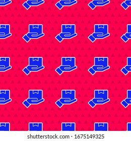 Blue Delivery hand with cardboard boxes icon isolated seamless pattern on red background. Door to door delivery by courier.  Vector Illustration