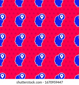 Hombre de entrega azul con icono de cajas de cartón aislado sin fisuras en el fondo rojo. Entrega puerta a puerta por correo. Ilustración vectorial