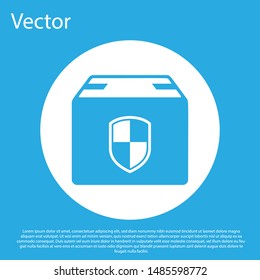 Blue Delivery pack security symbol with shield icon isolated on blue background. Delivery insurance. Insured cardboard boxes beyond the shield. White circle button. Vector Illustration