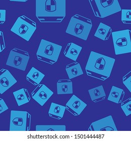 Blue Delivery pack security symbol with shield icon isolated seamless pattern on blue background. Delivery insurance. Insured cardboard boxes beyond the shield.  Vector Illustration