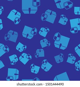 Blue Delivery pack security symbol with shield icon isolated seamless pattern on blue background. Delivery insurance. Insured cardboard boxes beyond the shield.  Vector Illustration