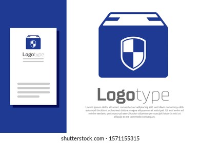 Blue Delivery pack security symbol with shield icon isolated on white background. Delivery insurance. Insured cardboard boxes beyond the shield. Logo design template element. Vector Illustration