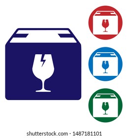 Blue Delivery package box with fragile content symbol of broken glass icon isolated on white background. Box, package, parcel sign. Set color icons in circle buttons. Vector Illustration