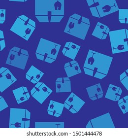 Blue Delivery package box with fragile content symbol of broken glass icon isolated seamless pattern on blue background. Box, package, parcel sign.  Vector Illustration