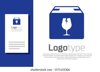 Blue Delivery package box with fragile content symbol of broken glass icon isolated on white background. Box, package, parcel sign. Logo design template element. Vector Illustration