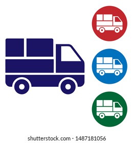 Blue Delivery truck with cardboard boxes behind icon isolated on white background. Set color icons in circle buttons. Vector Illustration