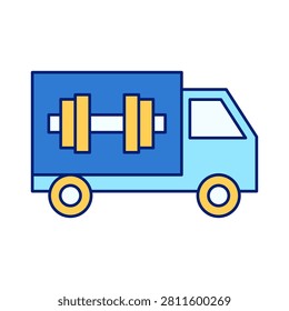 A blue delivery truck featuring a weightlifting barbell graphic, symbolizing fitness and exercise transportation.
