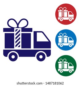 Blue Delivery truck with gift icon isolated on white background. Set color icons in circle buttons. Vector Illustration