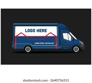Blue delivery van mockup with customizable logo space and contact details. Ideal for branding and advertising.