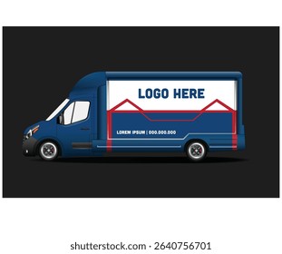 Blue delivery van mockup with customizable logo space, ideal for branding and advertising purposes.