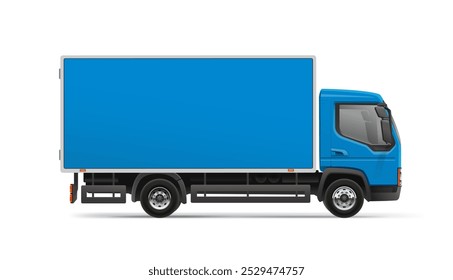 Blue Delivery Van Side view blank mockup. Cargo Box Truck with space for text or your branding design - editable vector template. Blue Delivery Box Truck for horizontal AD banner and vehicle branding