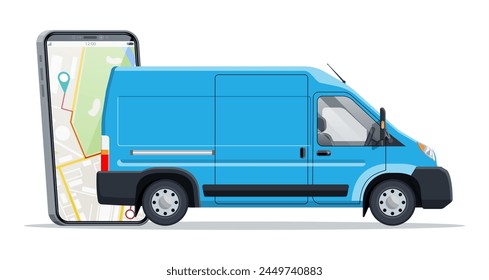 Blue delivery van and smartphone with navigation app. Express delivering services commercial truck. Concept of fast and free delivery by car. Cargo and logistic. Cartoon flat vector illustration