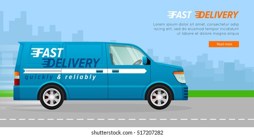 Blue delivery van with a white line on the asphalt road in the city. Fast four-wheeled mean of transportation. Blue background with many high buildings. Speed auto driving on the highway. Vector