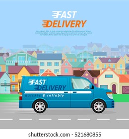 Blue delivery van with a white line on the asphalt road in the city. Fast four-wheeled mean of transportation. Blue background with many high buildings. Speed auto driving on the highway. Vector