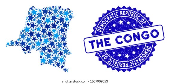 Blue Democratic Republic of the Congo map collage of stars, and scratched round stamp seal. Abstract geographic plan in blue shades.