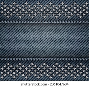 Blue denim background with stitches and silver sequin zig-zag stripes.