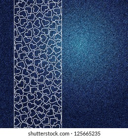 A blue denim background texture with a rectangle of hearts in white motif. ESP10 vector format