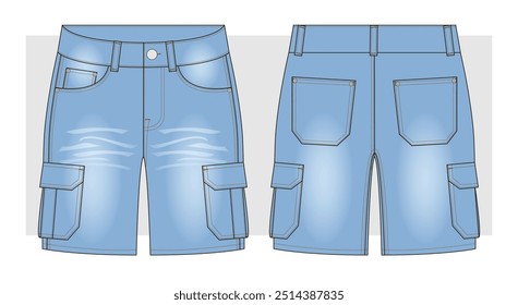 Blue denim Cargo shorts with side pockets.