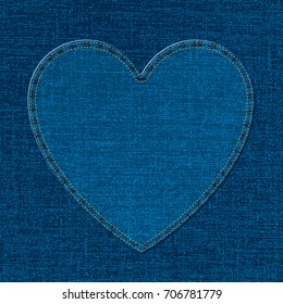 Blue Denim Cotton Jeans Heart in Front of Similar Realistic Vector Texture - Light Elements on Dark Background - Flat Graphic Design