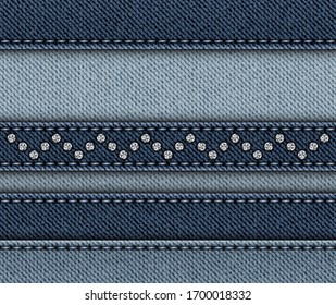 Blue denim design with horizontal stripes with stitches and sequin zig-zag.