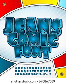 Blue denim font on comic book page. Alphabet in style of comics, pop art. Cartoon jeans multilayer letters and figures for decoration of kids' illustrations, game design, comics, banners