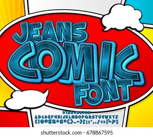 Fuente de denim azul en la página de cómic. Alfabeto en estilo cómico, arte pop. Jeans de caricatura letras multicapa y figuras para la decoración de ilustraciones para niños, diseño de juegos, cómics, banners