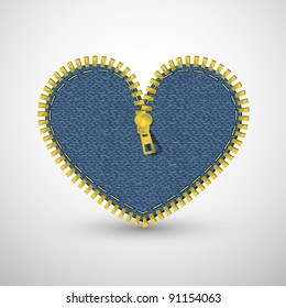 Blue denim heart, with zipper. Vector retro background.