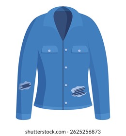 Blue denim jacket with rips on sleeves and chest symbolizing poverty and hard labor