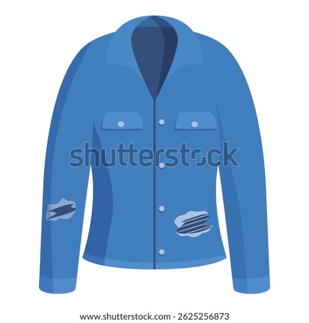 Blue denim jacket with rips on sleeves and chest symbolizing poverty and hard labor