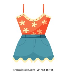 Blue denim jeans shorts  with dotted tank top. Cartoon summer clothes set for walking
