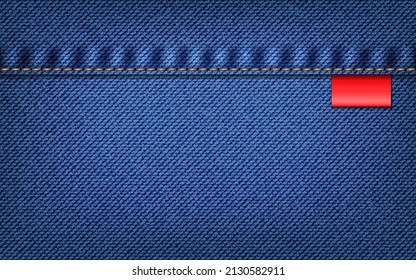 Textura de vaqueros de denim azul con costura horizontal y etiqueta roja. Fondo del patrón vectorial. Puede utilizarse para papel tapiz, envoltura, banner, página web, presentación, plantilla de tarjeta de visita 