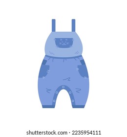 Blue denim jumpsuit with cat pocket for children isolated on white background. Clothes for newborn boy and girl cartoon illustration. Babys apparel concept