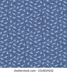 Blue denim marl seamless pattern with patterned leaves. Jeans texture fabric textile. Vector dyed cotton melange t shirt all over print.