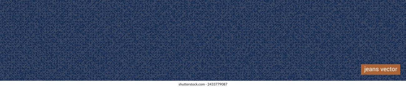 Blue denim material texture. Overlay worn texture stamps with jeans, cotton, fabric, canvas. Blue and white light pattern. Wall surface background. Panoramic, long banner. Vector Illustration, eps 10