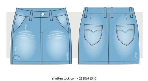 Blue Denim Mini Skirt. Technical Sketch.