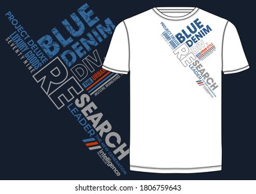 Blue denim, modern and stylish typography slogan for t-shirt. Abstract design with the camouflage and the lines style. Vector print, typography, poster. Global swatches.
