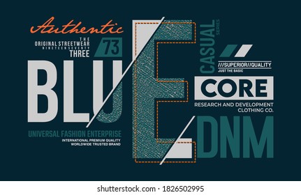Denim azul, eslogan moderno y elegante de la tipografía. Diseño abstracto con el denim y el estilo de las líneas. Camiseta de impresión vectorial, tipografía, afiche. Swatches globales.
