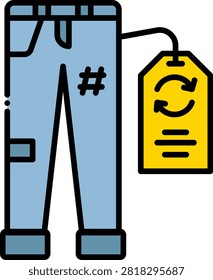 Blue denim pants attached to a yellow recycle price tag. This casual clothing item represents staple vintage fashion and the sustainable apparel trade. Excellent for thrift shop window displays and circular fashion campaigns.