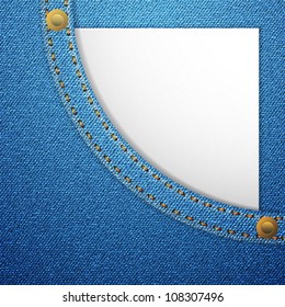 Blue denim pocket with blank paper. Vector illustration.