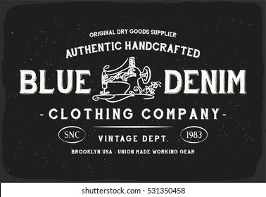 Blue Denim print in black and white for t shirt or apparel. Retro style graphic with old school typography for fashion and printing. Vintage effects are easily removable.