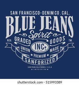 Blue denim raw typography, t-shirt graphics, vectors