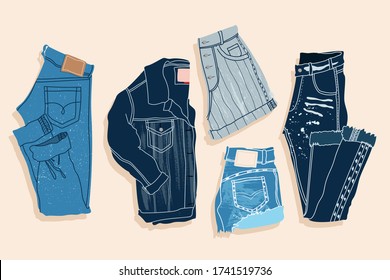 Blue denim shorts, trousers and jacket. Set of denim clothes. Modern blue jeans and shorts. Trendy outfit isolated illustrations. Unisex apparel on a soft background top-down view.