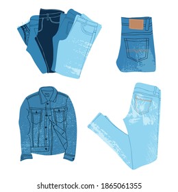 Blue denim shorts, trousers and jacket. Set of denim clothes. Modern blue jeans and shorts. Trendy outfit isolated illustrations. Unisex apparel on a soft background top-down view.