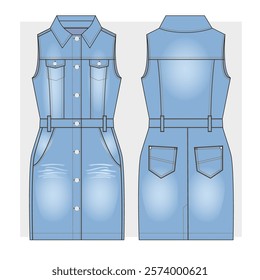 Blue denim sleeveless dress technical sketch.