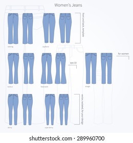 Blue Denim Vector Set - Illustration Of Basic Types Of Women`s Jeans On White Background.