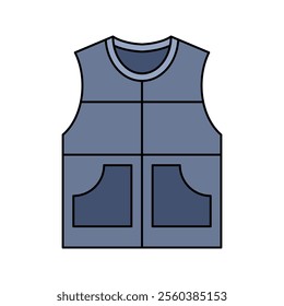 Blue Denim Vest, A dark blue denim-style vest with two large pockets.