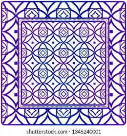 Blue Design With Abstract Hand Drawn Geometric Pattern With Decorative Element. Vector Illustration. Template Design For Card, Shawl, Bandanna, Fashion Print.