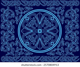 Blue design with a blue circle in the center. The circle is surrounded by four smaller circles