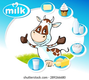 blue design with dairy products and funny cow - vector illustration