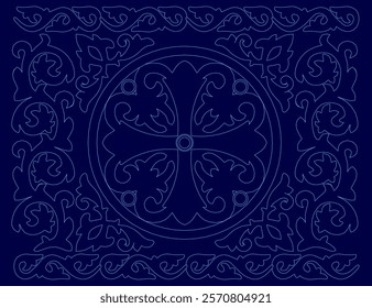 Blue design with a flower in the center. The flower is surrounded by a circle and has a star in the middle